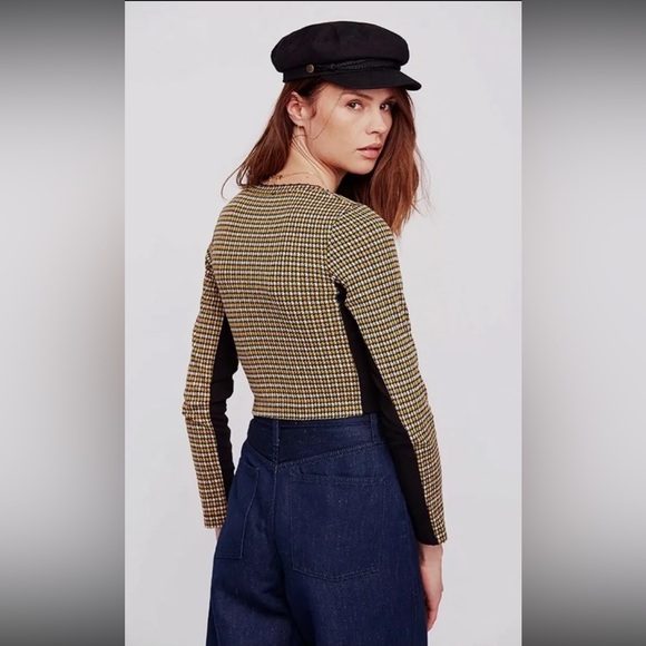 Free People Gold Herringbone Crochet Lace Detail Crop Long Sleeve Tee T-Shirt - Picture 9 of 12